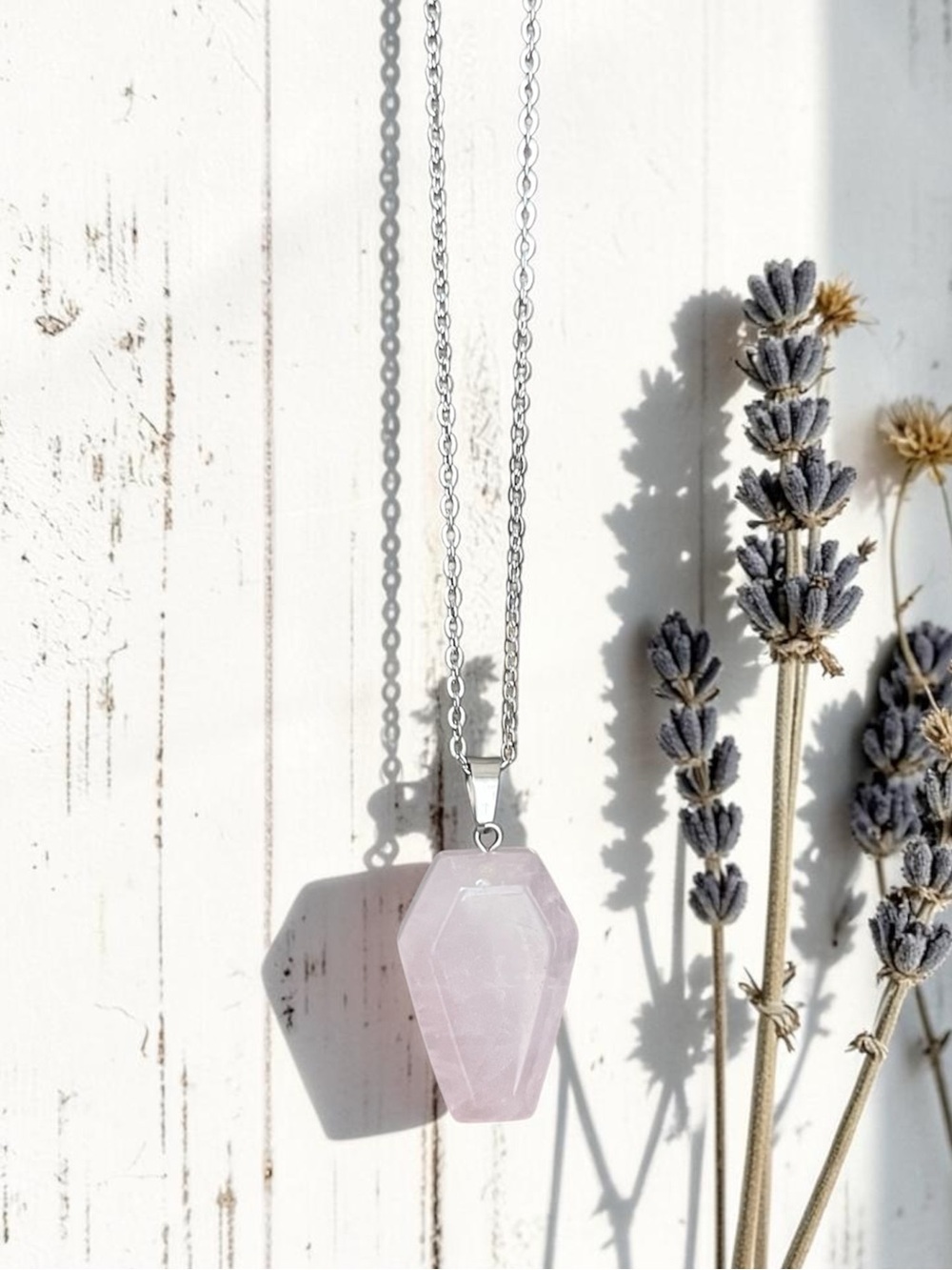 ROSE QUARTZ natural stone coffin pendant necklace on silver chain NEW